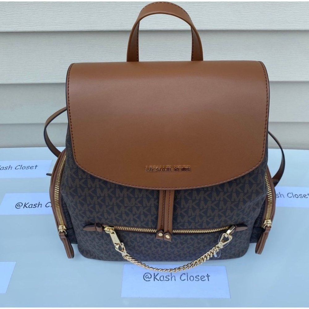 Michael Kors Backpack Jet Set MK Logo Large Chain Backpack Brown - Picture 5 of 11